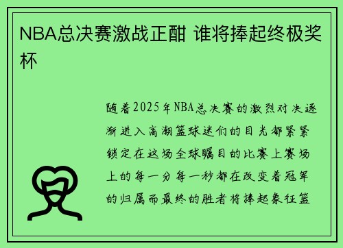 NBA总决赛激战正酣 谁将捧起终极奖杯
